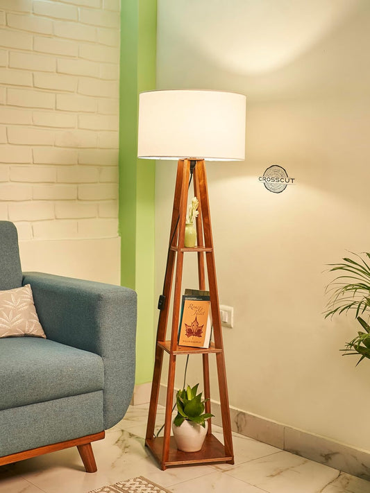 Lamper Furniture Wooden Floor Lamp with Shelf (Cotton White). LED Bulb Included- Diwali Decoration Items