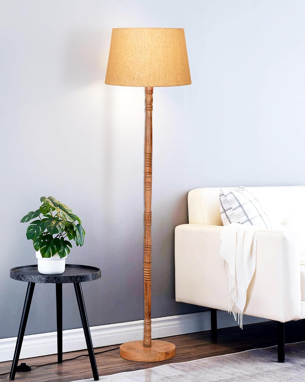 Lamper Mid Century Modern Floor Lamp,Hand Turned Floor Lamp Wood for Living Room,Stand Lamp with Fabric Lampshade for Bedroom, Study Room and Office