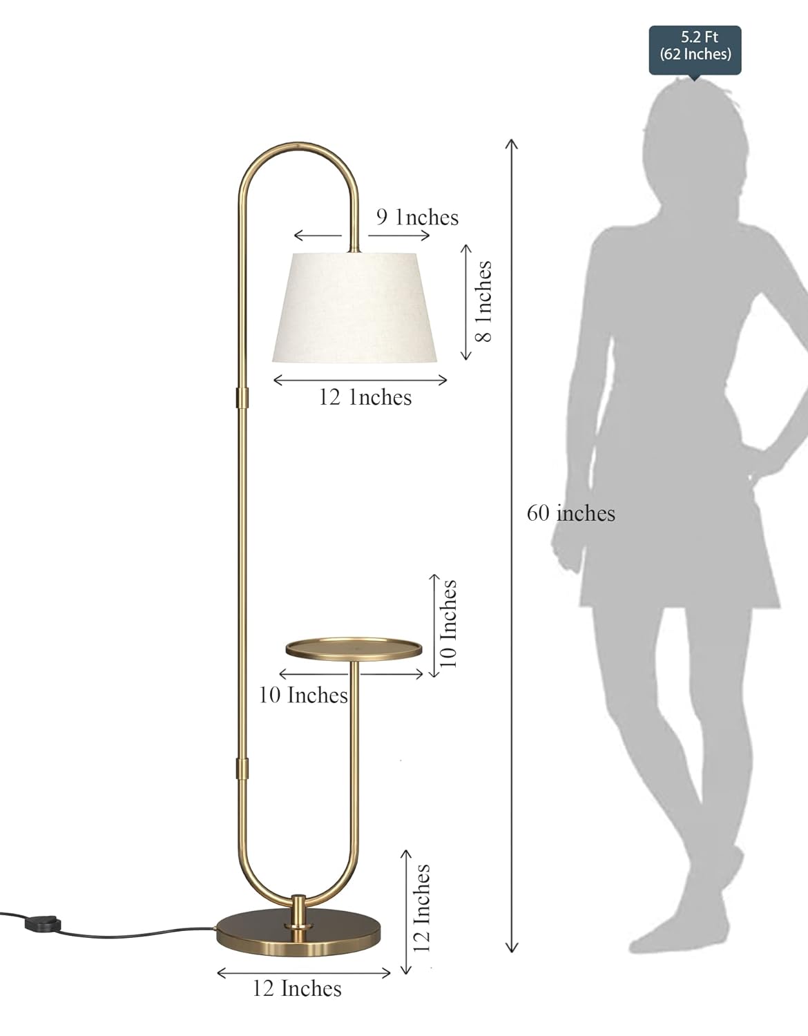 Lamper Modern Table Shelf LED Floor Lamp Standing Brass Antique Finish Gold 5Ft Height With Shelf Diameter 10 Inches And Off White Lampshade (Pack Of 1)