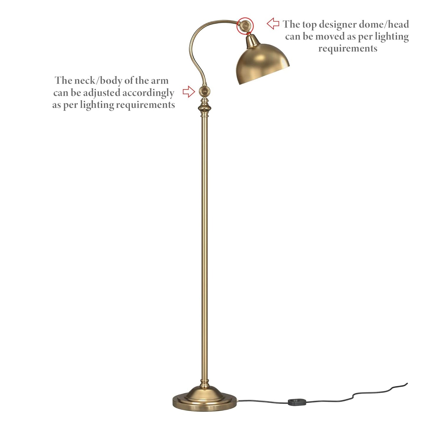 Lamper Vintage Curve Brass Antique finish Retro Floor Lamp Standing Adjustable, Moveable Dome Shade And Neck To Focus Light, Reading Task Lamp Pack of 1