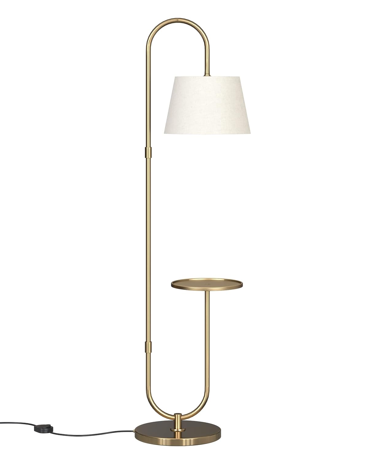 Lamper Modern Table Shelf LED Floor Lamp Standing Brass Antique Finish Gold 5Ft Height With Shelf Diameter 10 Inches And Off White Lampshade (Pack Of 1)