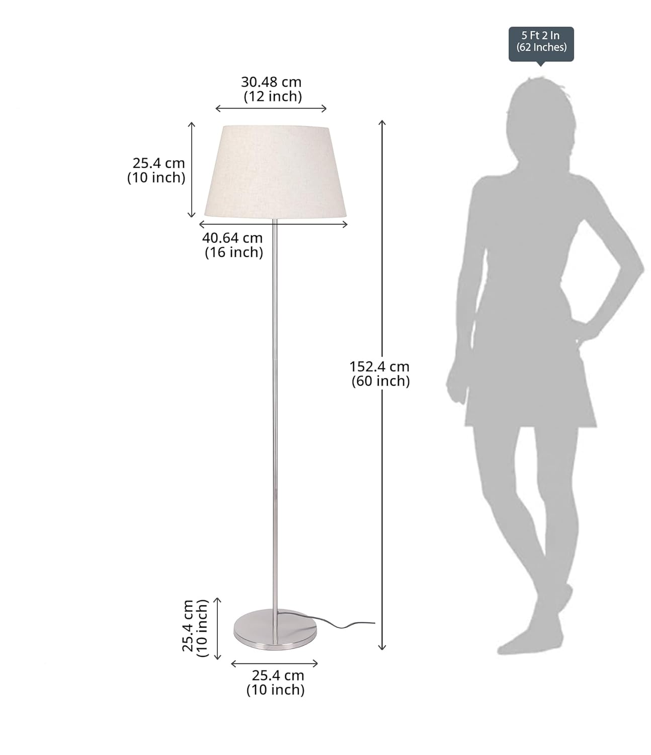 Lamper Floor Lamp Standing Modern Silver 5ft Height with Off White Lampshade 16 inches Diameter for Living Room Corner, Bedroom, Home, Hotel, Office (Pack of 1) - Led Bulb Included